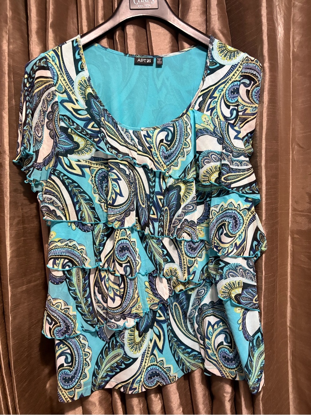 Apt. 9 Teal Paisley Ruffle Short Sleeve Blouse #2007 - Picture 2 of 7